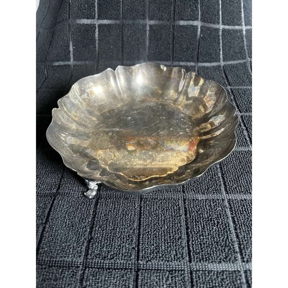 Vintage Silverplate Footed Bowl Dish Scalloped Edge Tarnished Patina 6